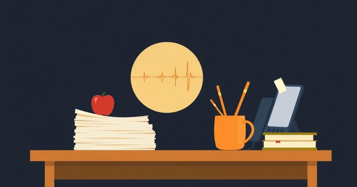 Illustration of a teacher's desk with an apple, papers, and a rising sound wave, for voice notes for teachers.