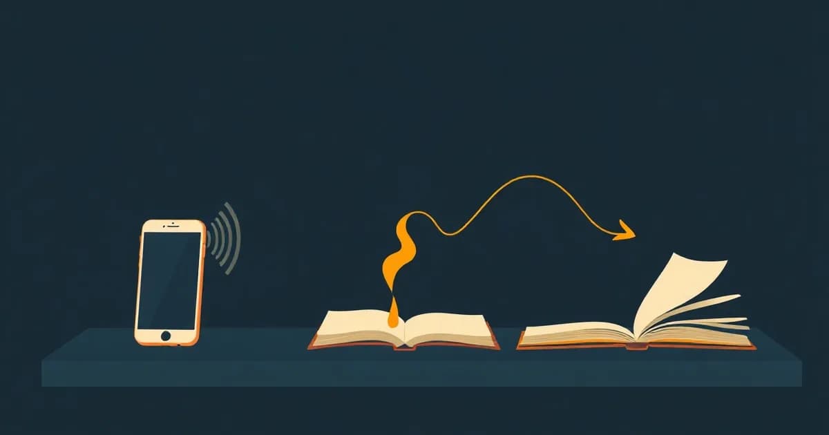 Illustration of a sound wave splitting into a phone, a notepad, and a folder, representing voice notes to text.