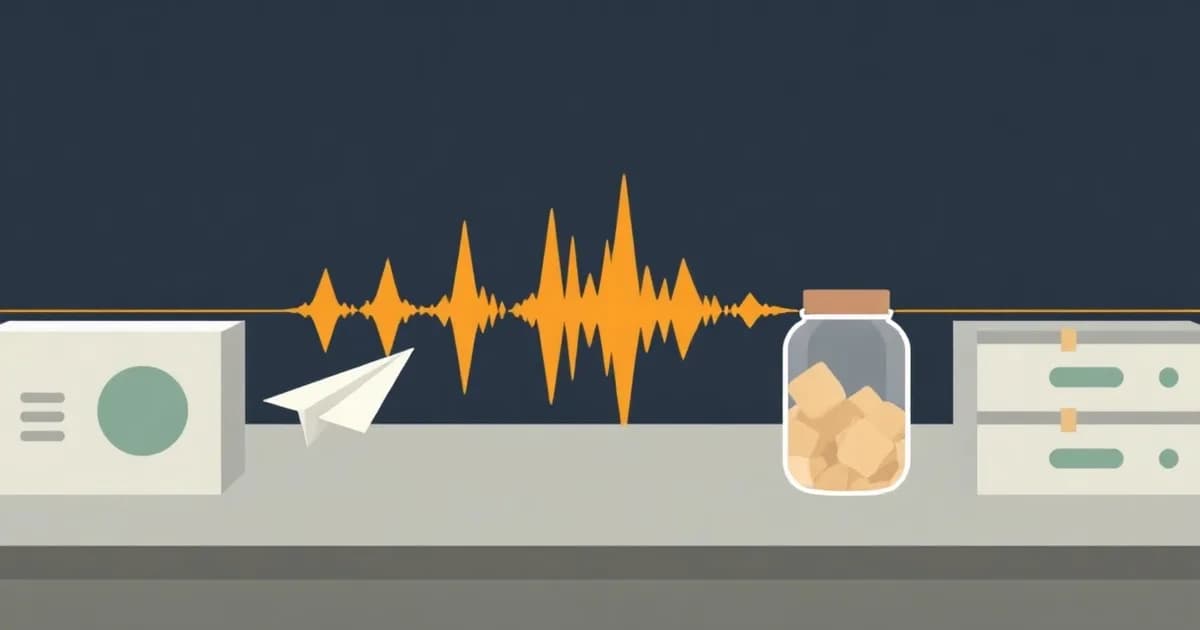 Illustration of a sound wave becoming a paper airplane and a sealed glass jar, representing voice notes.