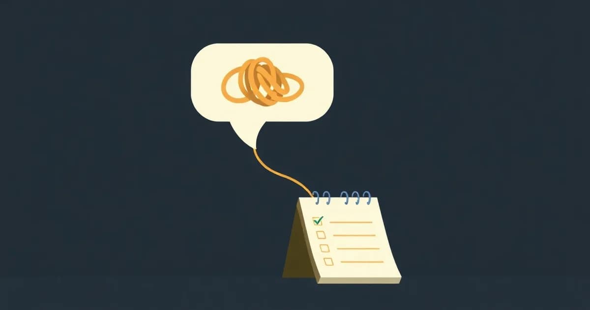 Illustration of a tangled thread straightening into a neat checklist, for a guide on building a voice to-do list.