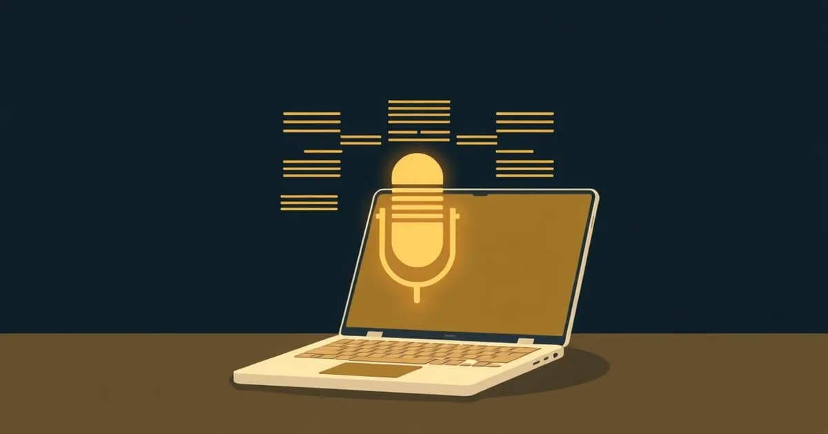 Illustration of a laptop-style device with sound waves turning into text lines, for voice typing on a Chromebook.