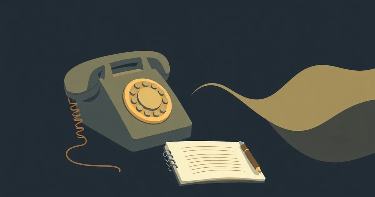 Illustration of a blinking phone handset light trailing into text lines on a notepad, for a guide on voicemail to text.