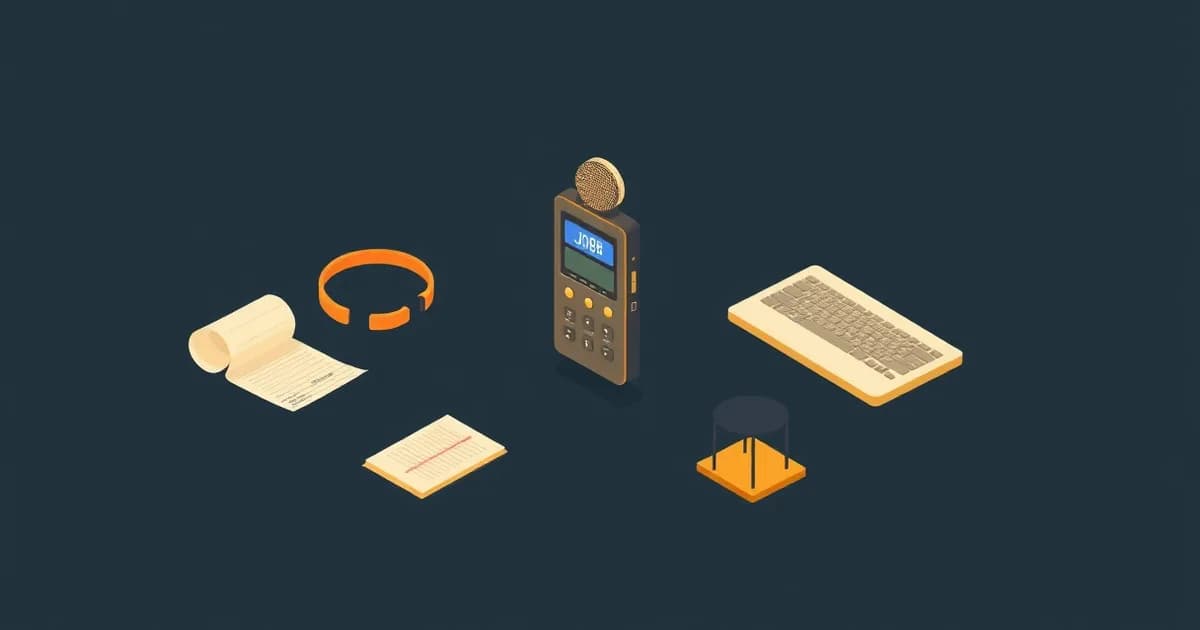 Illustration of a voice recorder ringed by varied objects, representing Voicenotes alternatives for different jobs.