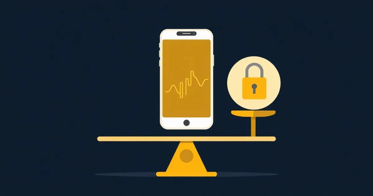 Illustration of a phone balanced against a meeting table icon and a padlock, representing a Voicenotes app review.