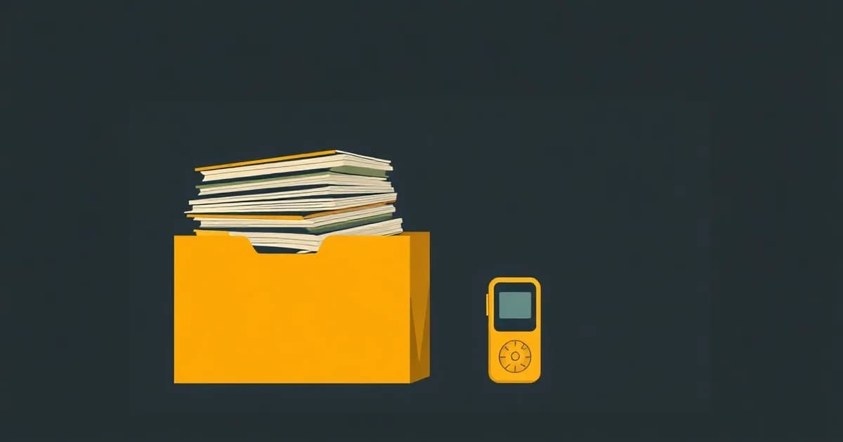 Illustration of a bursting large file folder beside a slim one near a recorder, for a piece explaining WAV file size caps.
