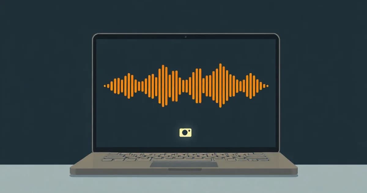 Illustration of a laptop turning a sound wave into text bars with a small camera lens icon, for the Wispr Flow review.