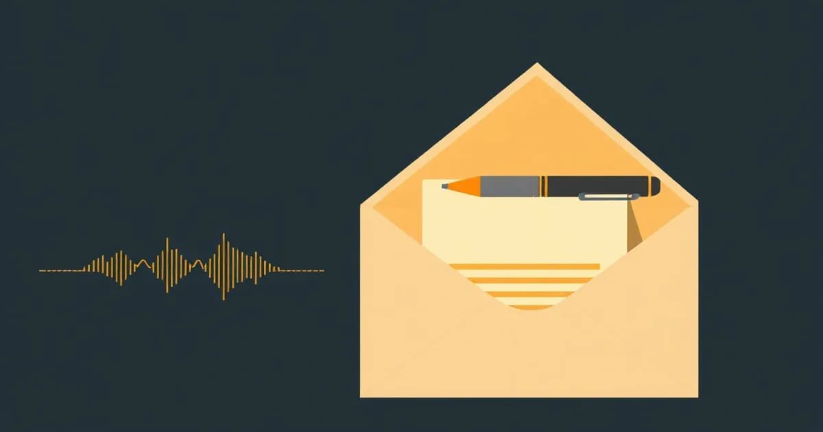 Illustration of a sound wave turning into typed lines inside an envelope with a pen, representing an AI email writer.