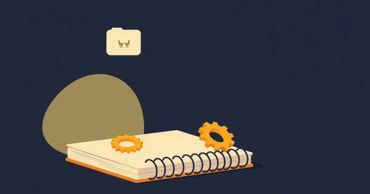 Illustration of a notebook with a gear on its cover and a faint meeting table behind it, representing AI note takers.