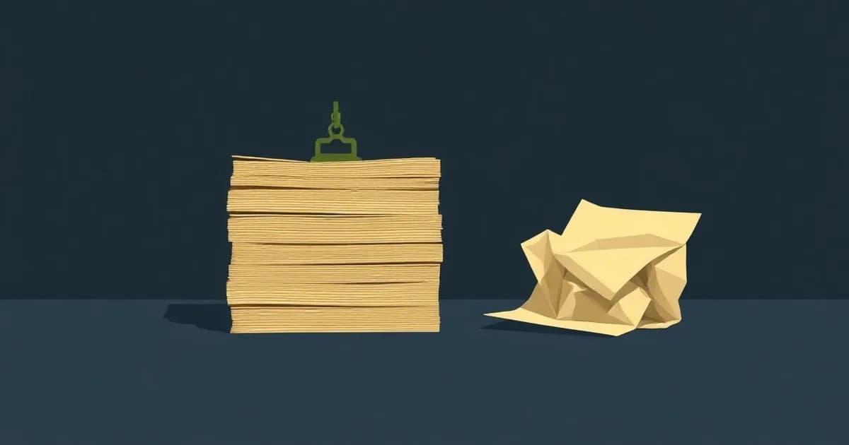 Illustration of a thick paper stack compressed into one thin sheet, representing AI summarizers.