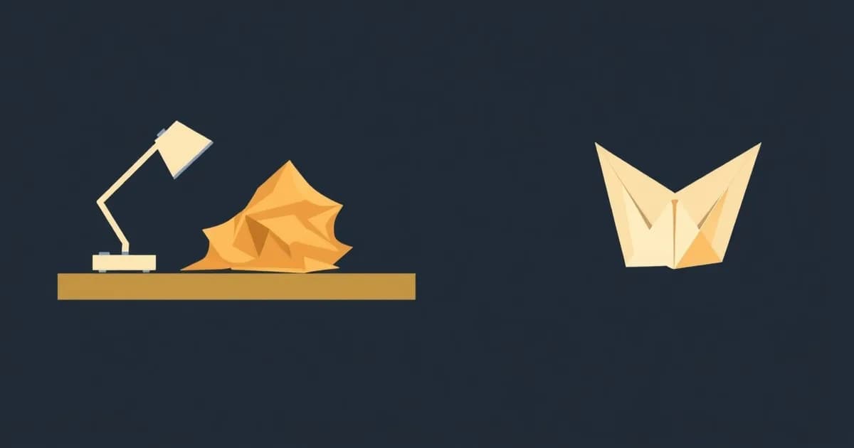 Illustration of a crumpled note ironed flat and another folded into a paper crane, comparing Superwhisper and AudioPen.
