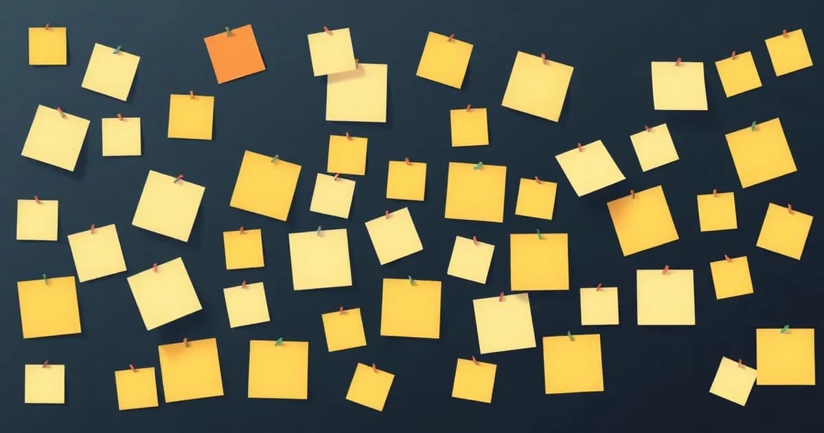 Illustration of colorful sticky notes fanned across a wall and linked by string, representing brainstorming techniques.