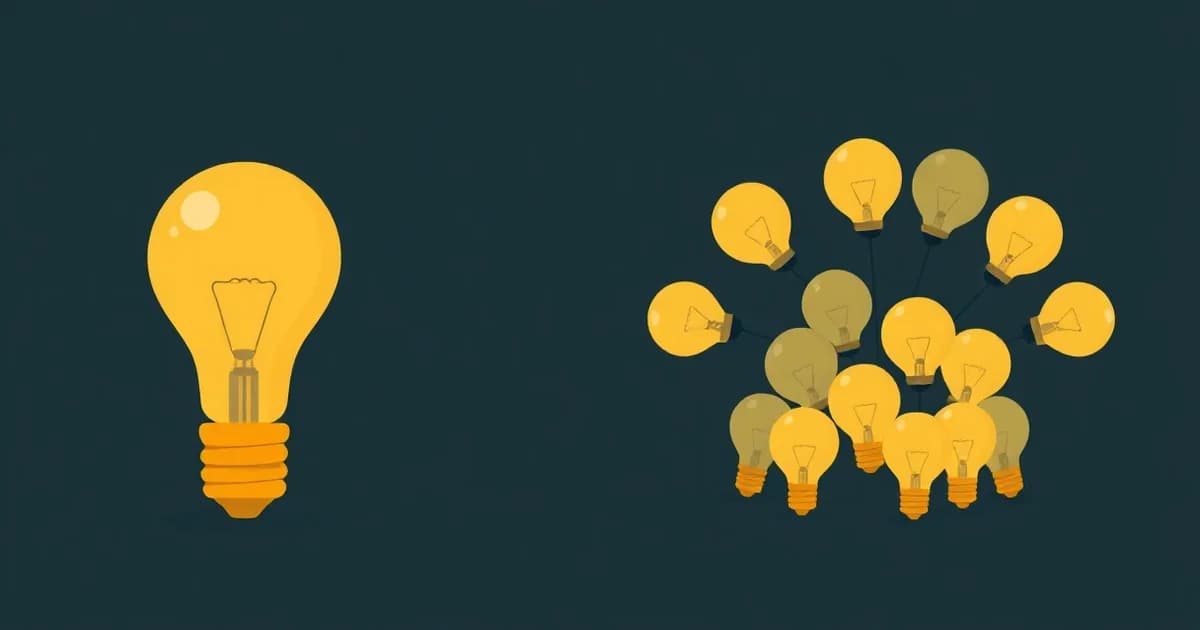 Illustration of one bright lone lightbulb beside a huddle of dimmer connected bulbs, representing brainstorming research.