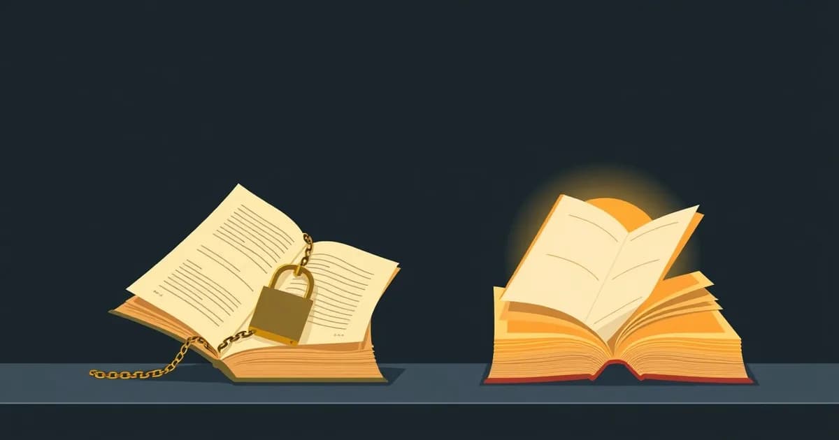 Illustration of two open journals, one padlocked and one glowing softly, comparing Day One and Apple Journal.