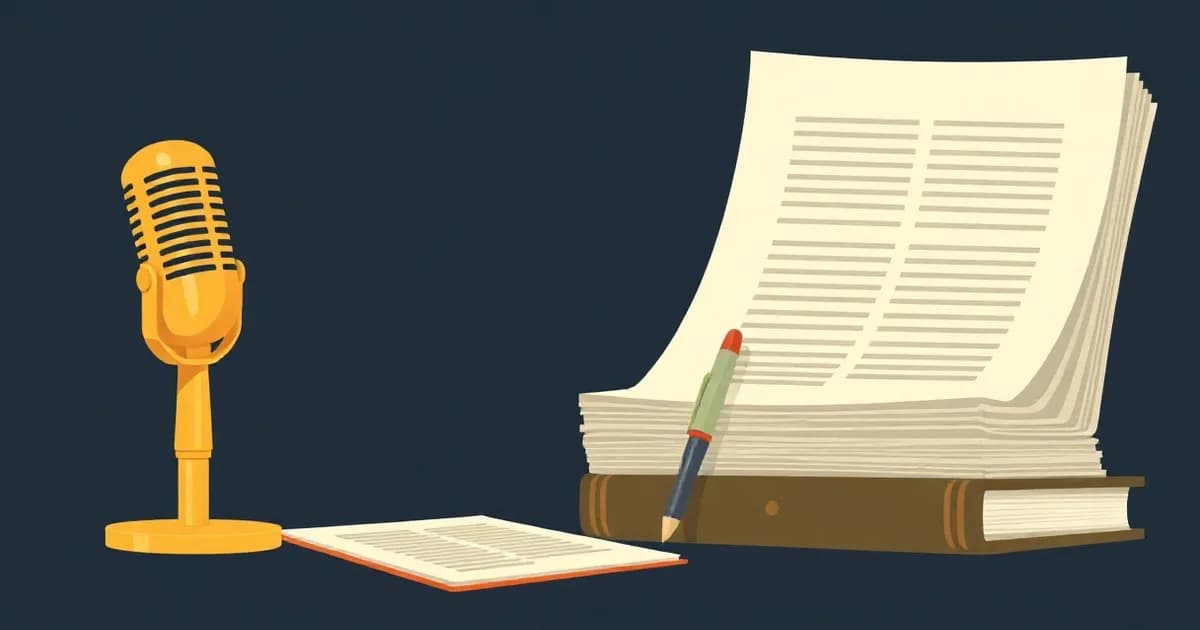Illustration of a vintage microphone and a red-marked manuscript page on a desk, representing dictation for writers.