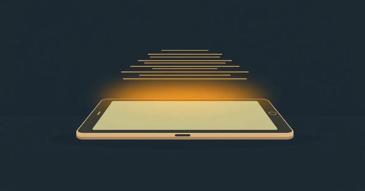 Illustration of a tablet with sound waves turning into text lines, representing dictation on iPad.