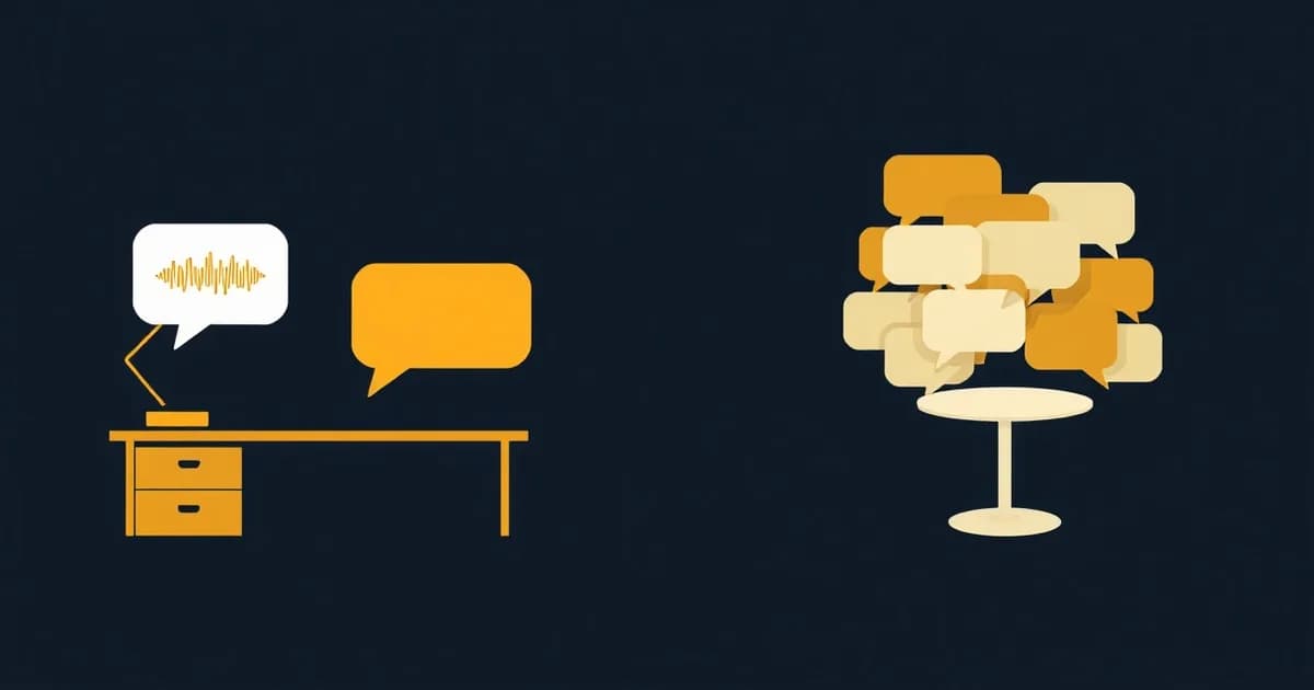 Illustration of a lone waveform bubble beside clustered bubbles around a table, for Discord voice message transcription.