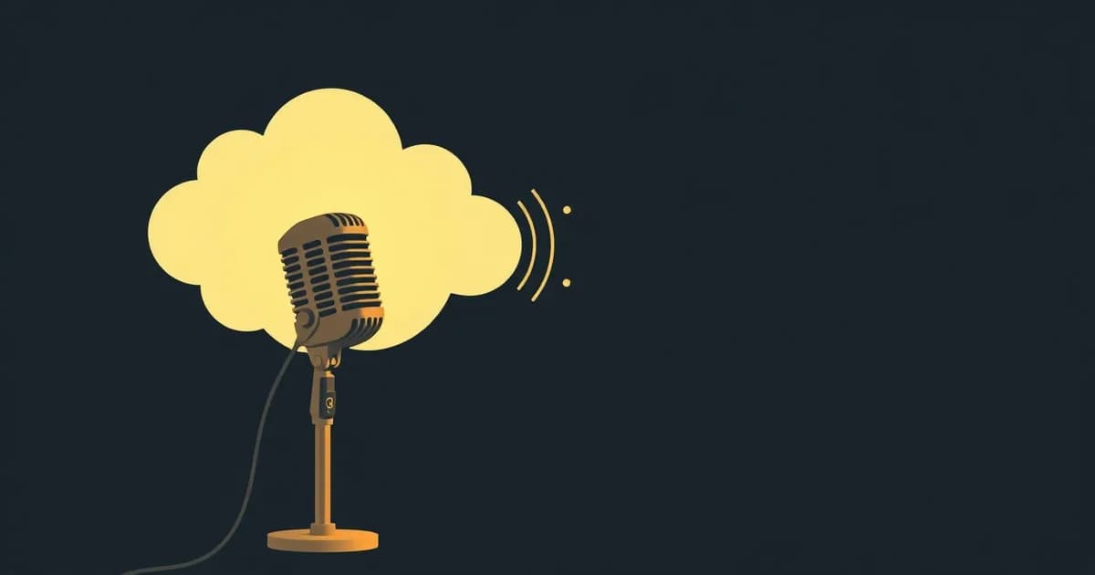 Illustration of a vintage gear-filled microphone facing a glowing cloud, comparing Dragon and Wispr Flow dictation.