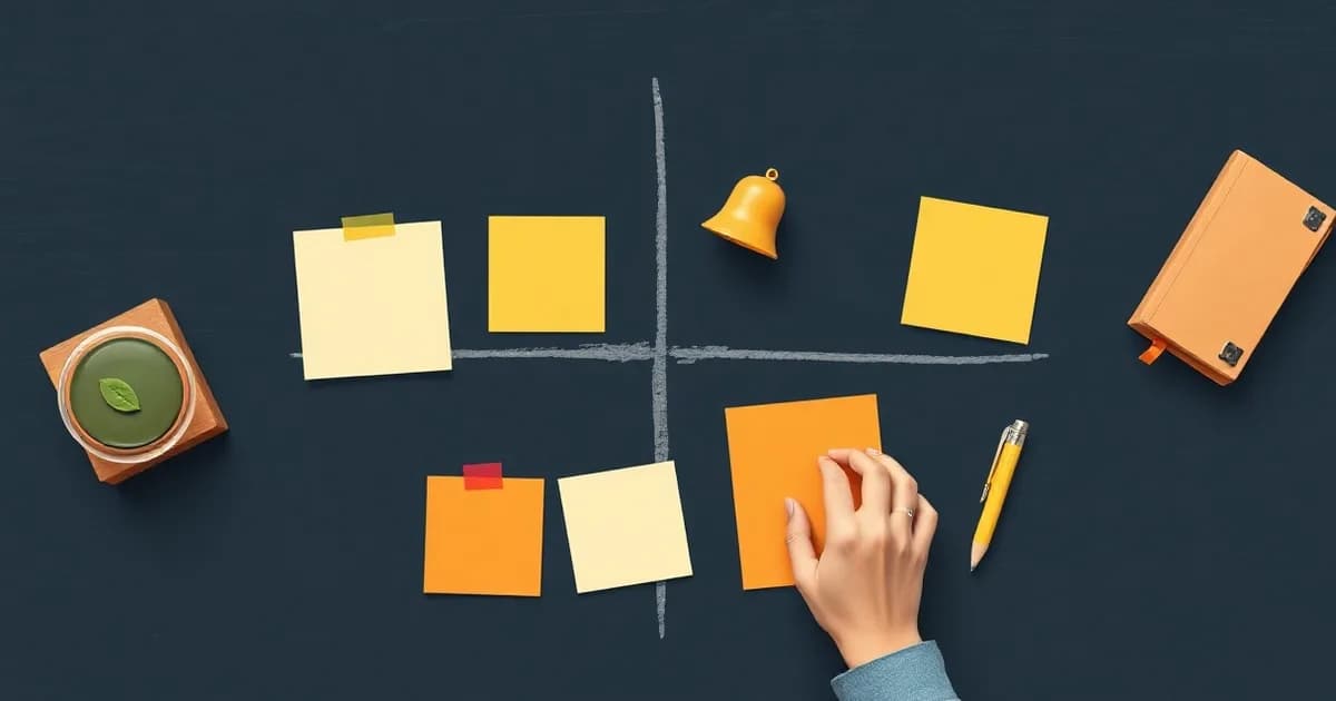 Illustration of a four-quadrant grid on a desk with sticky notes sorted into it, representing the Eisenhower Matrix.