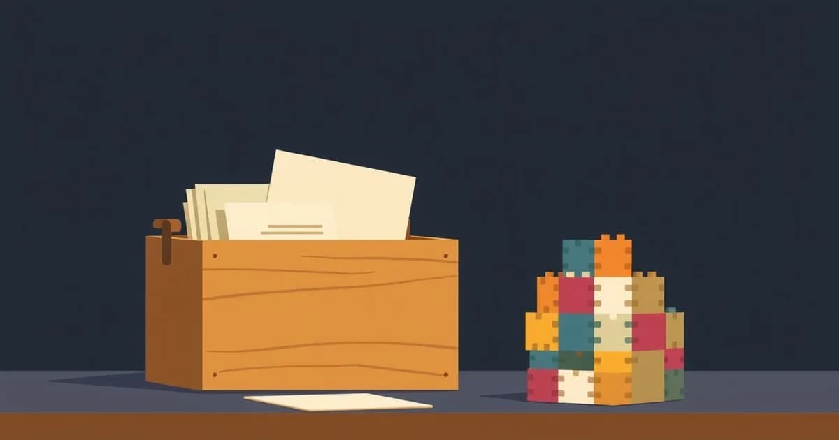 Illustration of a tabbed filing box beside a stack of building blocks, comparing Evernote and Notion.
