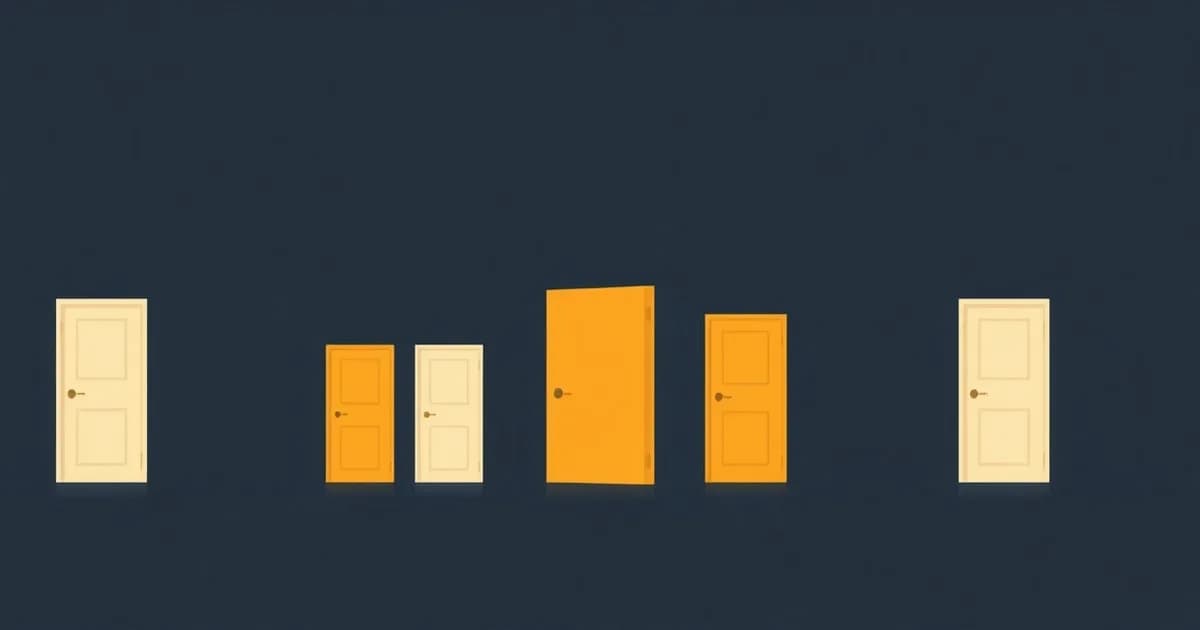 Illustration of one open door beside a row of smaller closed doors, representing Fathom and its alternatives.