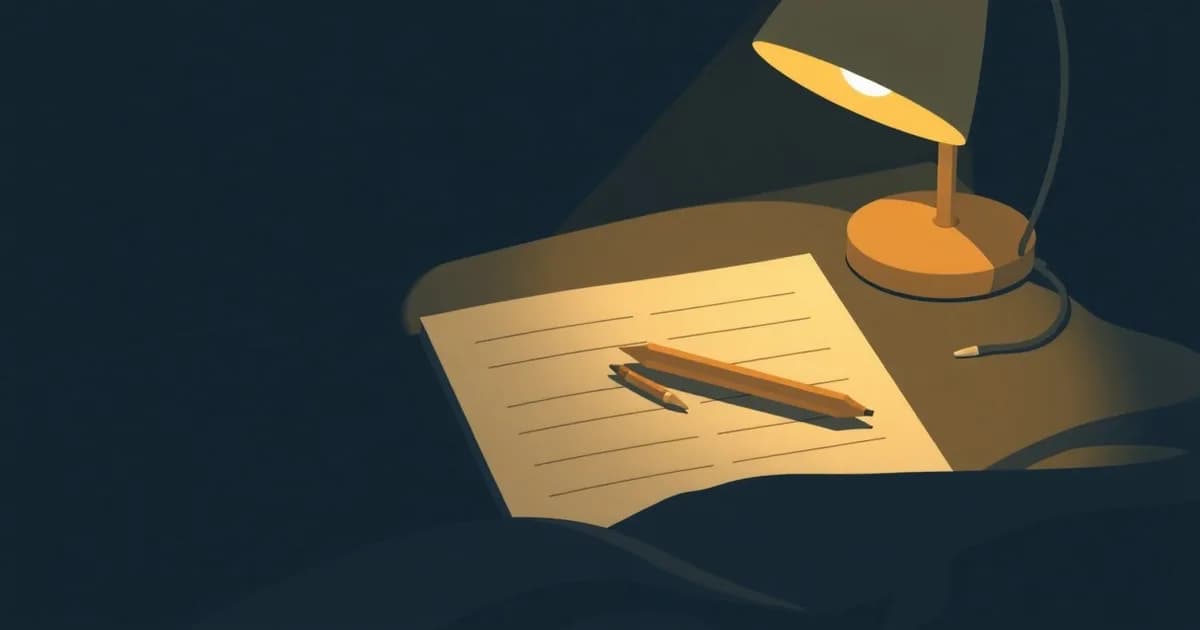 Illustration of a bedside notepad under lamplight with six ruled lines, representing the Ivy Lee method.