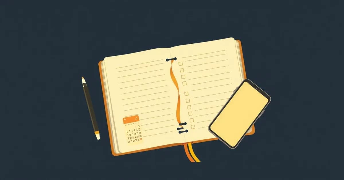 Illustration of a worn notebook with a streak calendar and a phone nearby, representing journal apps.
