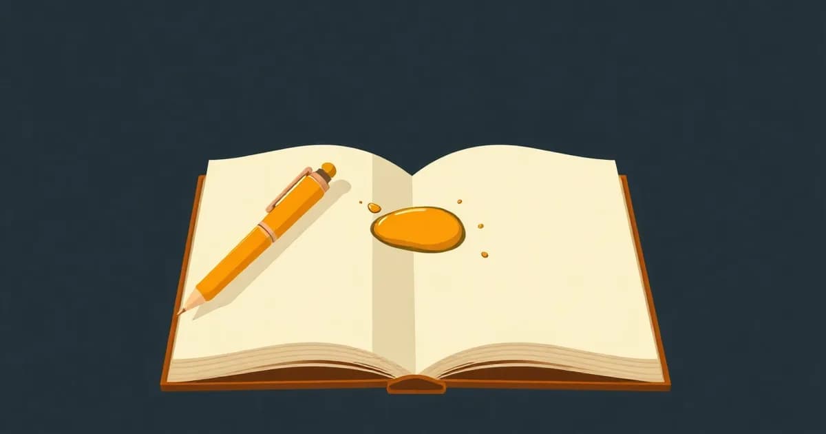 Illustration of a blank notebook page with a pen and a single spreading ink drop, for a guide on how to journal.