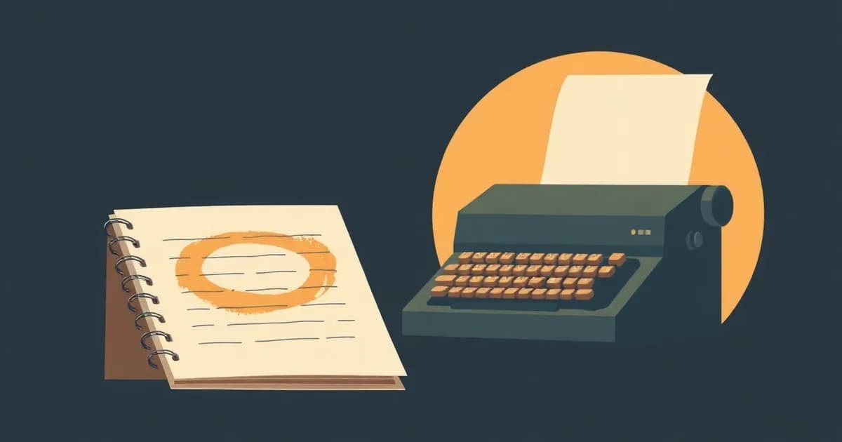 Illustration of a scribbled notepad in front of a blurred stenotype machine, for a guide on taking meeting notes.
