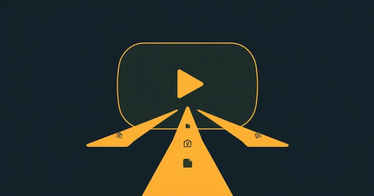 Illustration of a play-button screen splitting into three text streams, for a guide on converting MP4 video to text.