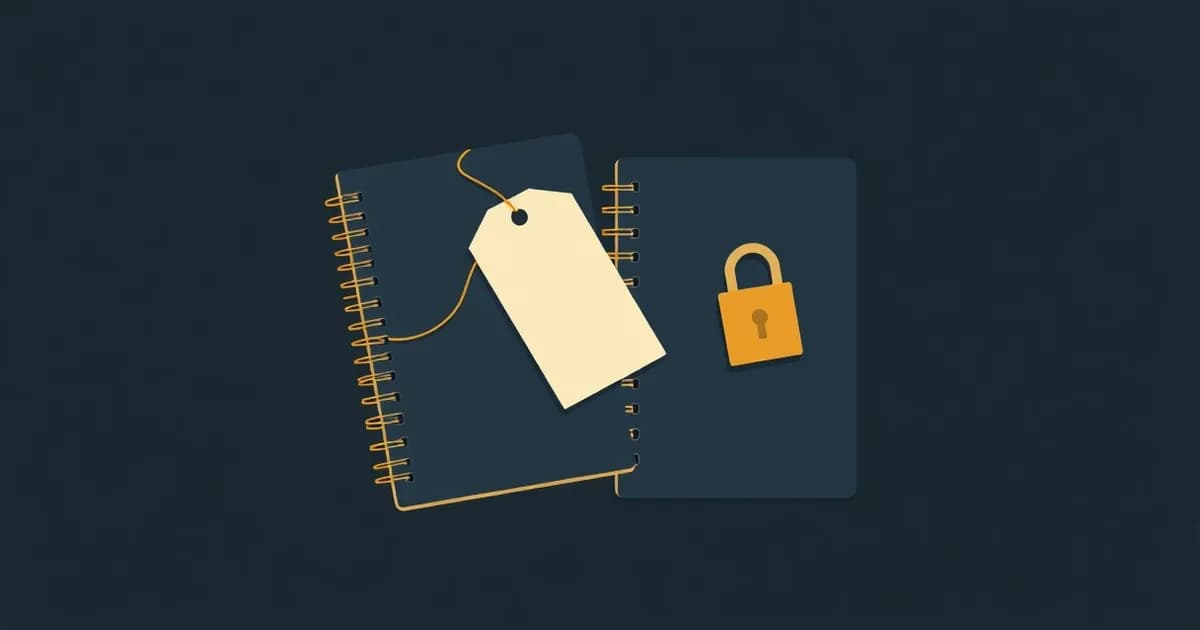 Illustration of two notebooks, one tagged with a price label and one padlocked, comparing Notability and GoodNotes.