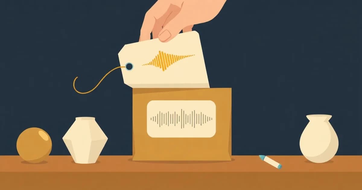 Illustration of a parcel tag being swapped to reveal a sound wave inside, for converting OPUS voice files to text.