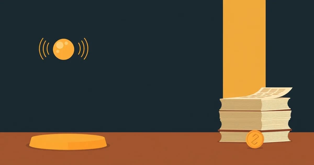 Illustration of a hovering meeting orb beside a stack of pages and a coin, comparing Otter and Rev.