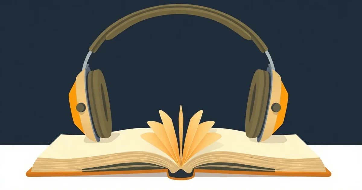 Illustration of headphones over a notebook with sound waves folding into a paper fan, for a piece on podcast summarizers.