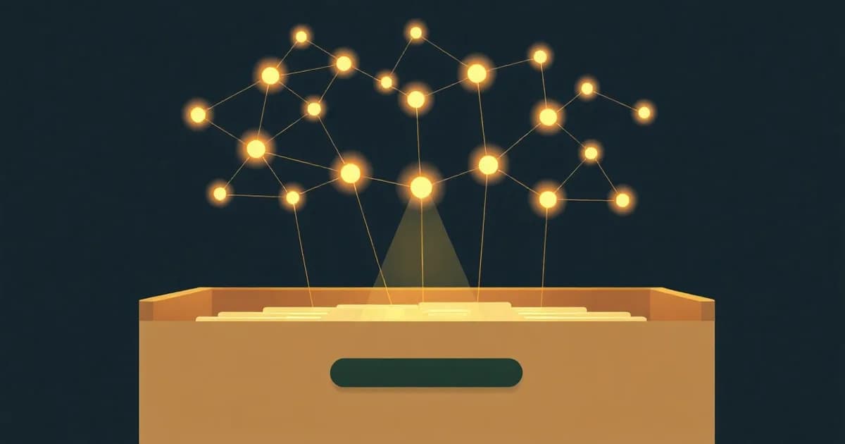 Illustration of a glowing node network floating above an open filing drawer, for a piece on the second brain method.