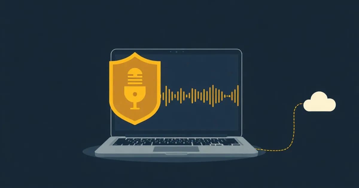 Illustration of a laptop with a padlock turning speech into text locally, representing the Superwhisper dictation app.