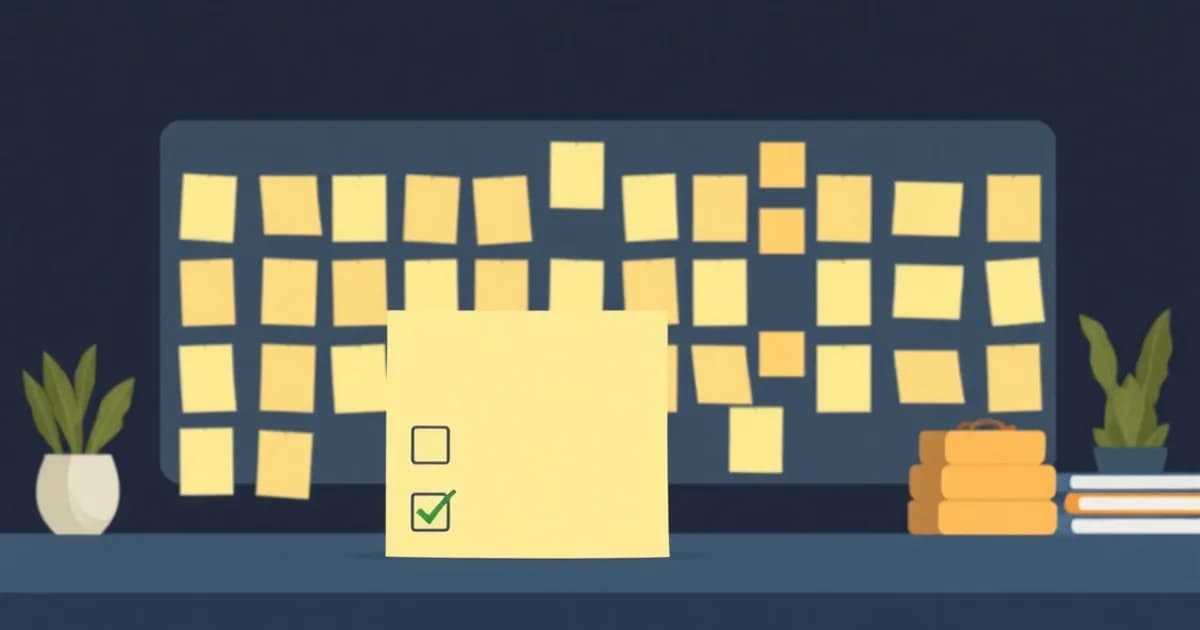Illustration of a small sticky note in front of a large multi-card board, for a piece exploring task management.