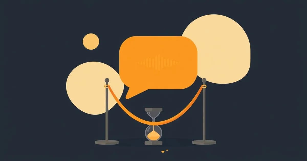 Illustration of a waveform speech bubble behind a velvet rope with an hourglass, for Telegram voice-to-text access.
