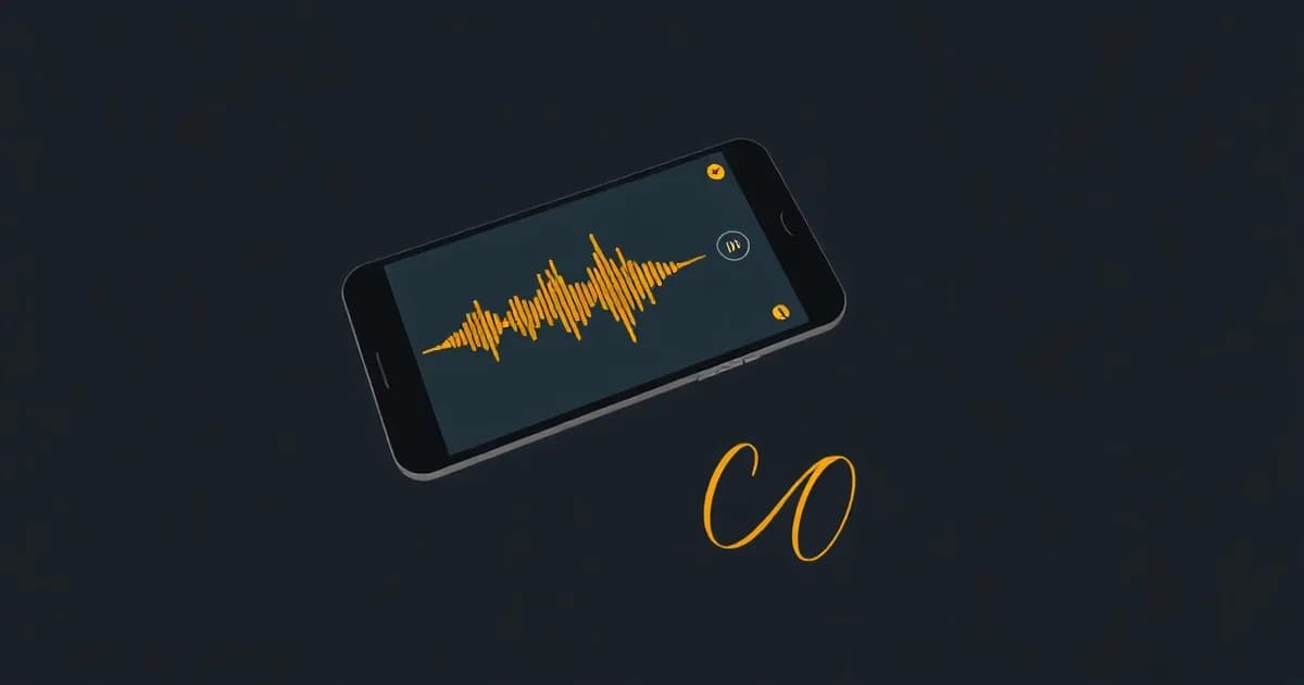 Illustration of a phone's waveform curling into flowing lines on the table, for a guide to transcribing voice memos.