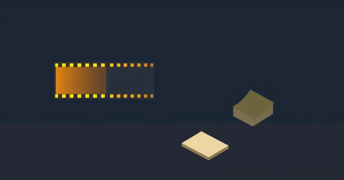 Illustration of a film strip with a glowing subtitle bar folding into paper, for a piece explaining video summarizers.