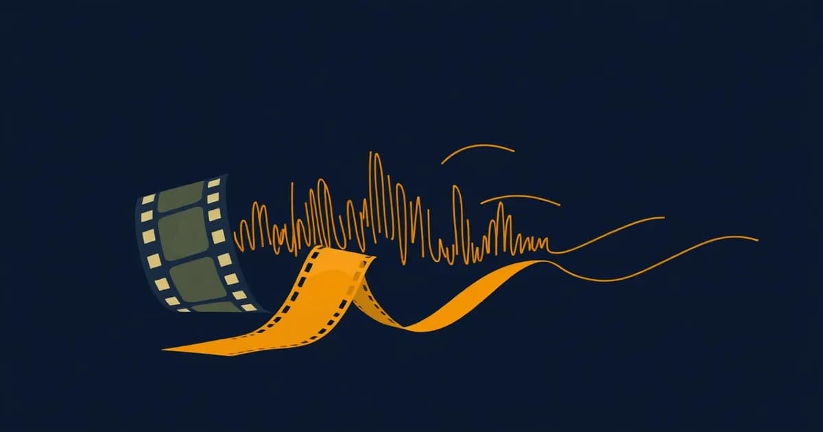 Illustration of a sound wave ribbon pulling out of a film strip into flowing lines, for a guide on video to text.