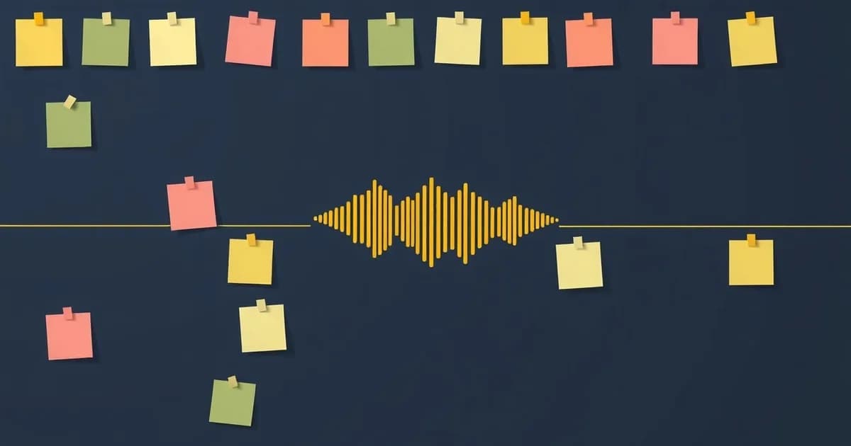 Illustration of a sticky-note wall threaded by a sound waveform, for voice notes for product managers.