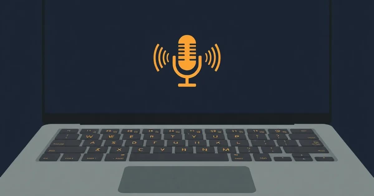 Illustration of two glowing laptop keys with a microphone and sound waves above them, for voice typing in Windows.