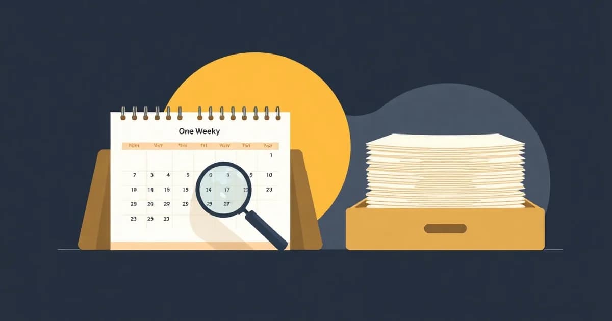 Illustration of a weekly calendar with a magnifying glass beside an empty in-tray, for a guide to the weekly review.