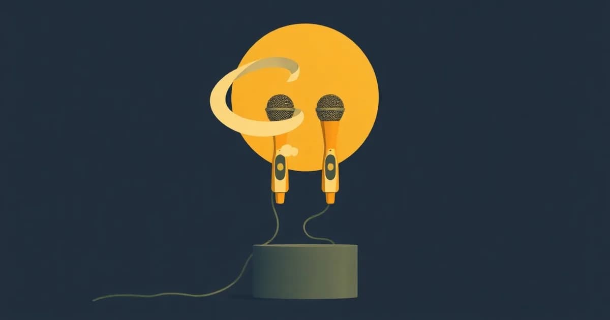 Illustration of a cloud-wrapped microphone beside a stone-mounted one, comparing Wispr Flow and Superwhisper.