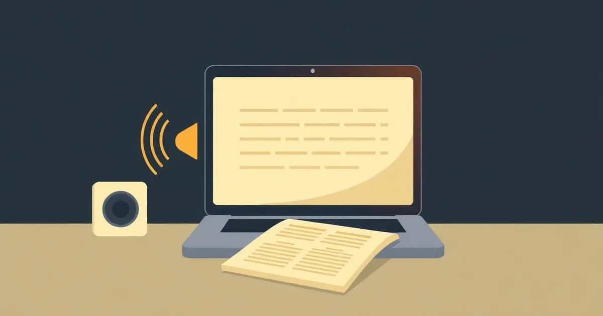 Illustration of a laptop with scrolling lines and sound waves flowing to a printed page, for getting a YouTube transcript.