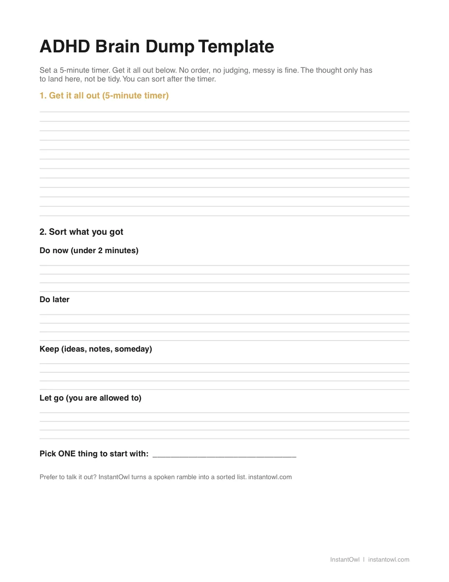 Preview of the first page of the ADHD brain dump template (PDF)