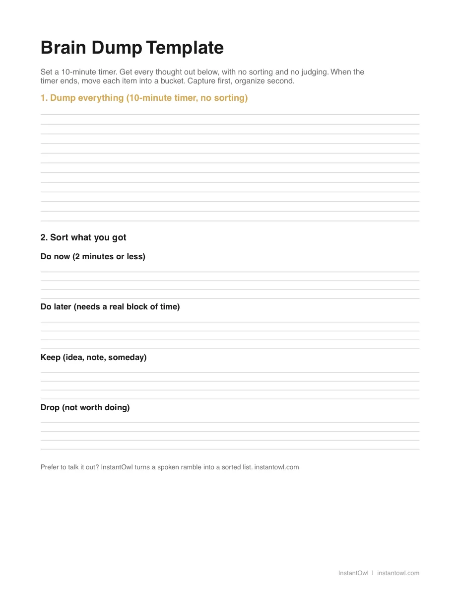 Preview of the first page of the brain dump template (PDF)