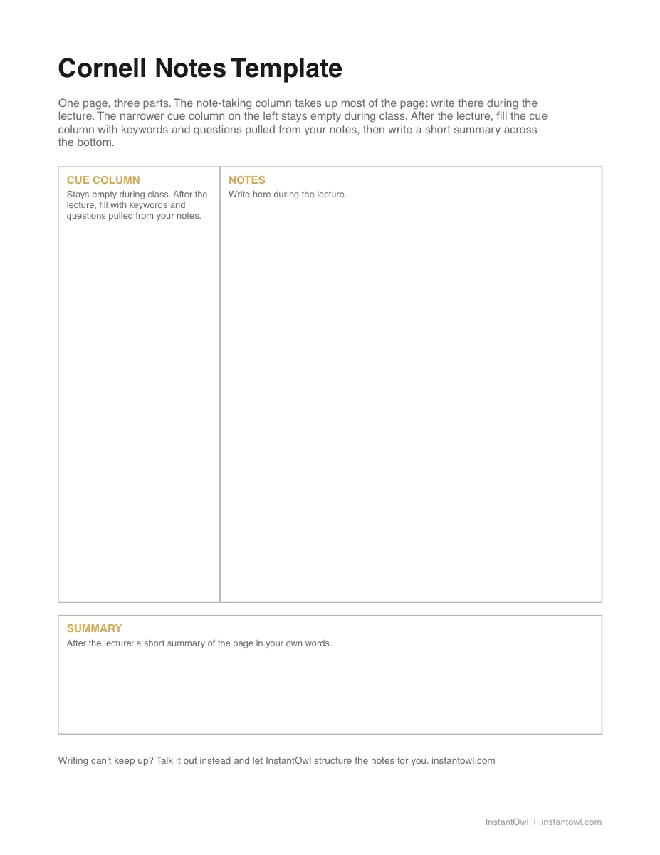 Preview of the first page of the Cornell notes template (PDF)