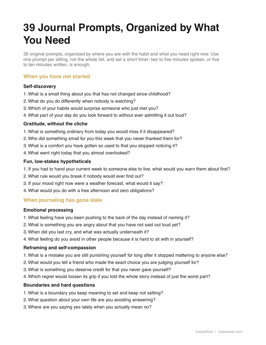 Preview of the first page of the printable journal prompts sheet (PDF)