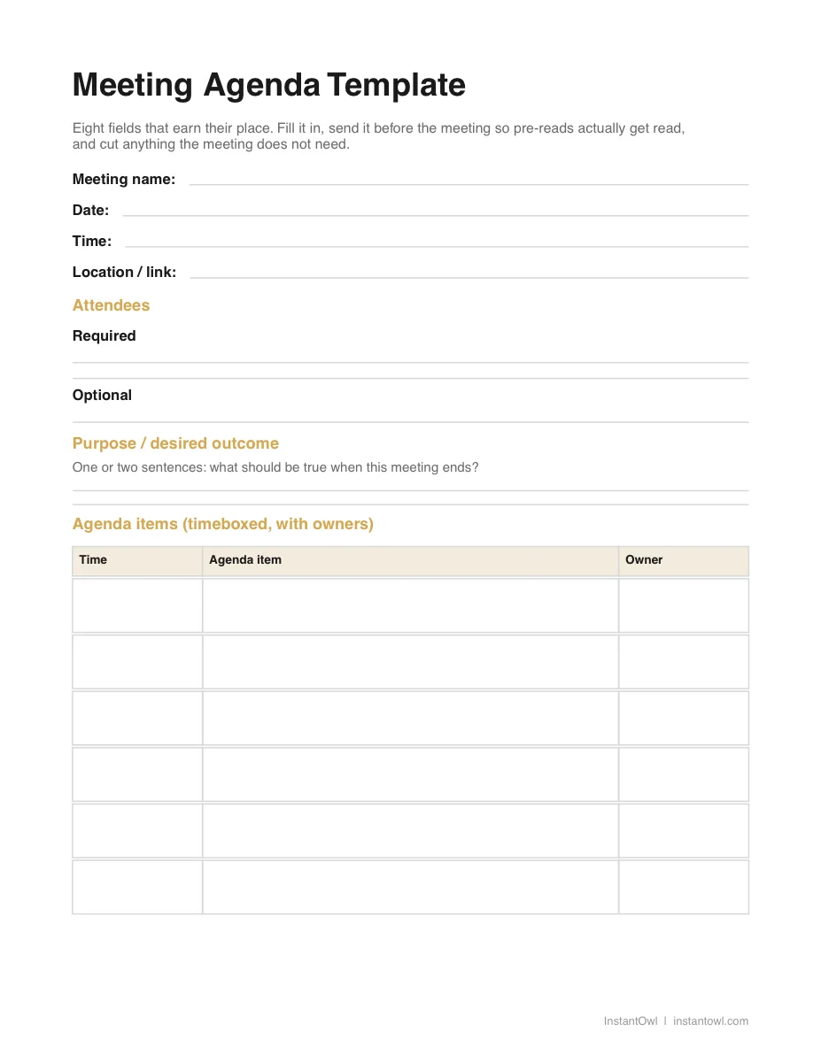 Preview of the first page of the meeting agenda template (PDF)
